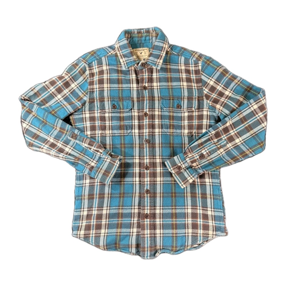 AE Blue Brown Plaid Flannel Shirt Long Sleeve Button Up Soft Grunge Lumberjack
